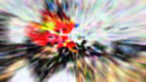 Abstraktes Bild mit radialem Unschärfe-Effekt: rote und gelbe Formen links, bunte Strahlen laufen zur Mitte, unten dunkle Farbflecken.