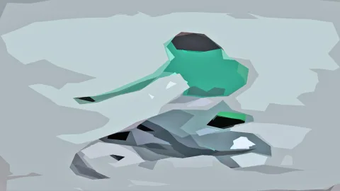 Niedrige Polygon-Grafik: eine türkisfarbene, geschwungene Form ragt über graue, kantige Flächen auf hellgrauem Grund.