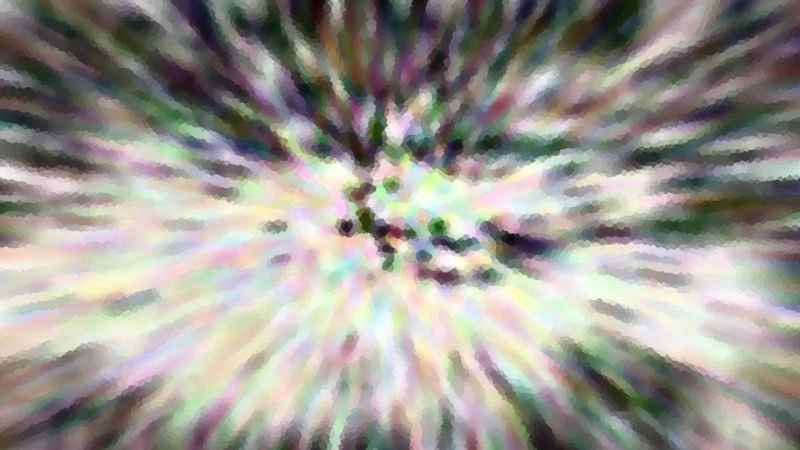 Abstraktes Bild mit radial von der Mitte nach außen laufenden Farbstrahlen in Grün, Rosa, Weiß und Violett, im Zentrum einige dunkle Punkte.