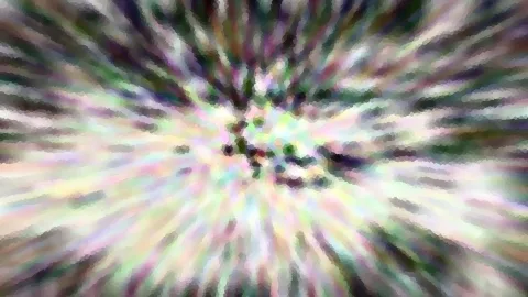 Abstraktes Bild mit radial von der Mitte nach außen laufenden Farbstrahlen in Grün, Rosa, Weiß und Violett, im Zentrum einige dunkle Punkte.