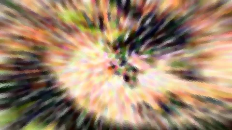 Abstrakte Komposition aus bunten, pastellfarbenen Streifen, die von einem dunklen Punkt in der Mitte radial nach außen laufen.