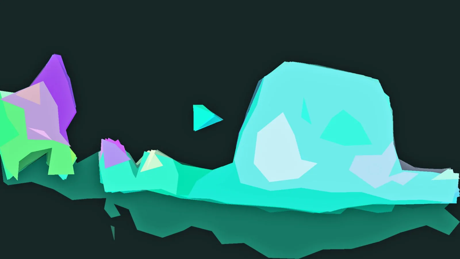 Abstrakte 3D-Komposition aus türkisfarbenen und mintgrünen facettierten Formen sowie einem violetten Element auf dunklem Hintergrund.