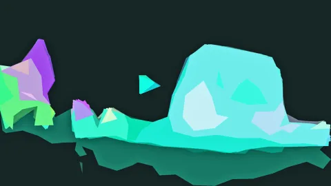 Abstrakte 3D-Komposition aus türkisfarbenen und mintgrünen facettierten Formen sowie einem violetten Element auf dunklem Hintergrund.