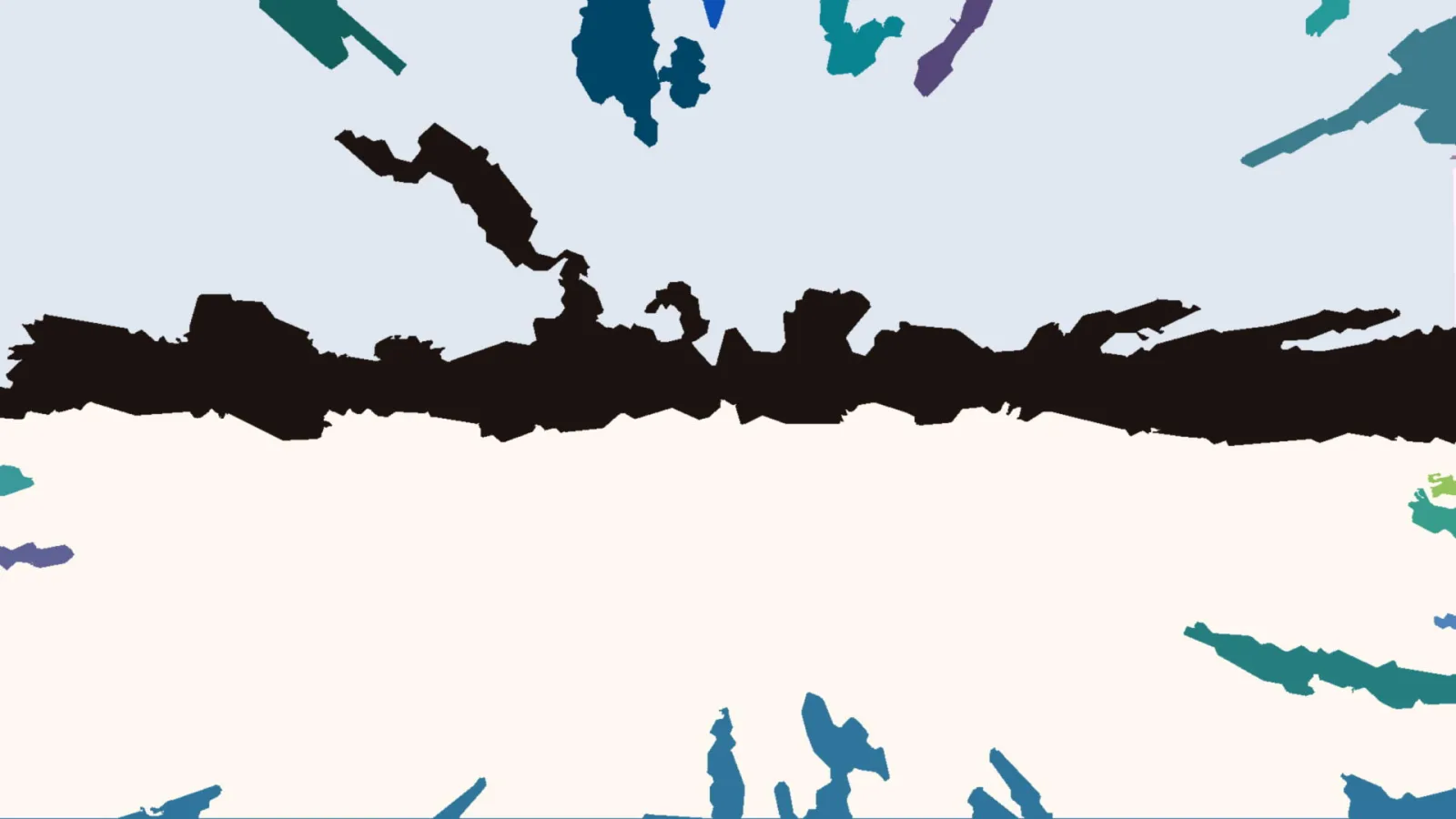 Abstrakte Komposition mit einem breiten, unregelmäßigen schwarzen Band in der Bildmitte, darüber hellblaugraue Fläche, darunter cremeweiße Fläche, mit bunten Farbflecken in Türkis, Blau und Violett an den Rändern.