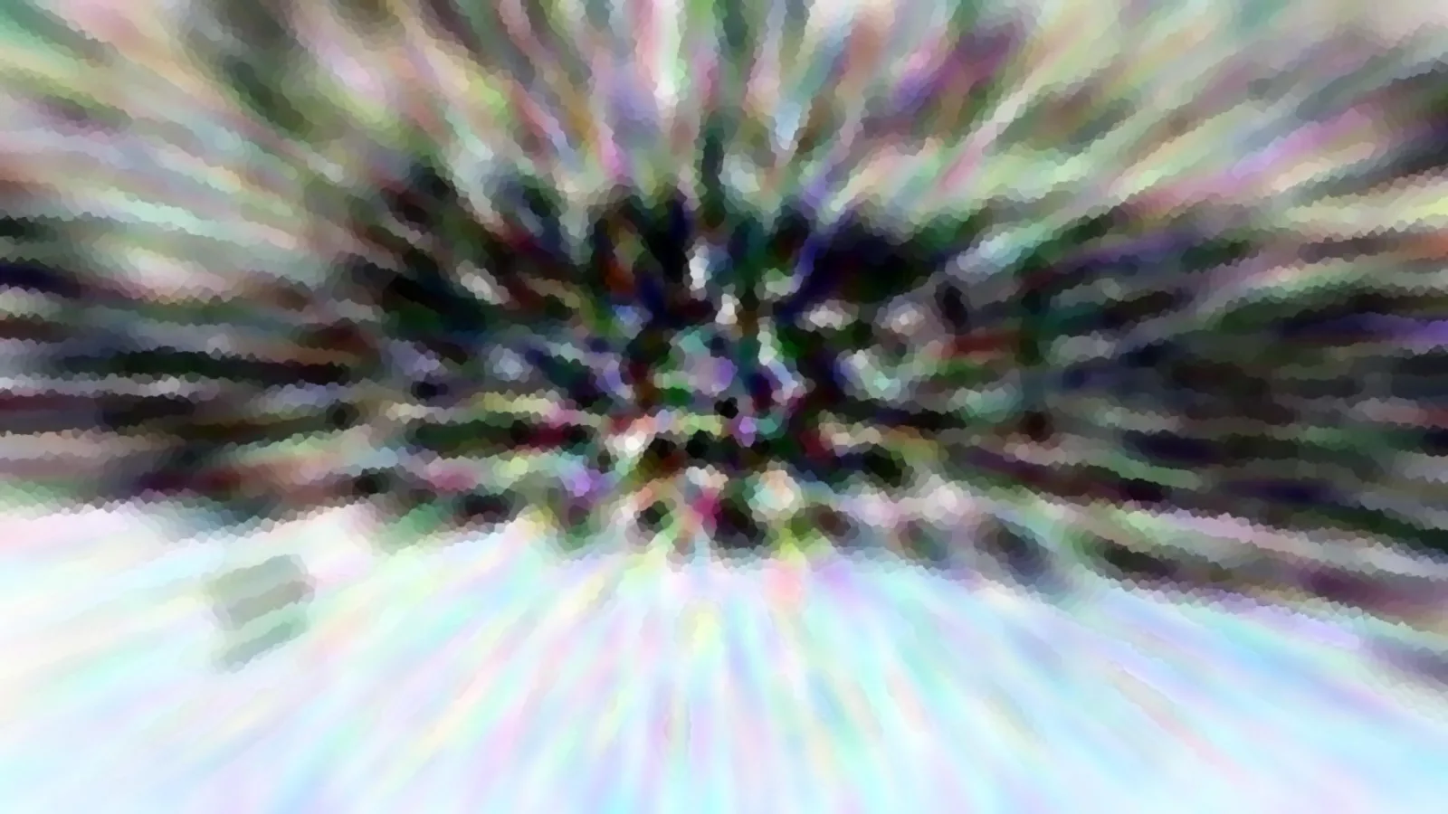 Abstrakte Komposition aus radial verlaufenden, pastellfarbenen Schlieren mit dunklerem Zentrum und pixeligem Mosaikmuster.