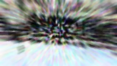Abstrakte Komposition aus radial verlaufenden, pastellfarbenen Schlieren mit dunklerem Zentrum und pixeligem Mosaikmuster.