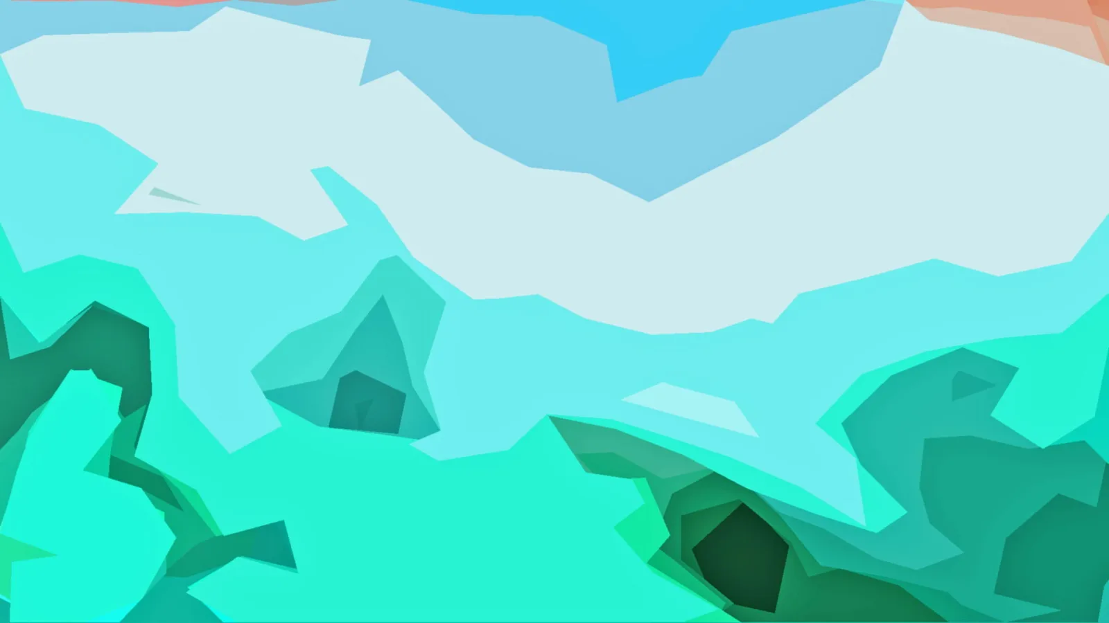 Abstrakte Landschaft aus flächigen Polygonen in Türkis, Mint und Hellblau, unten dunkelgrüne Schatten, oben rechts ein orangefarbener Streifen.