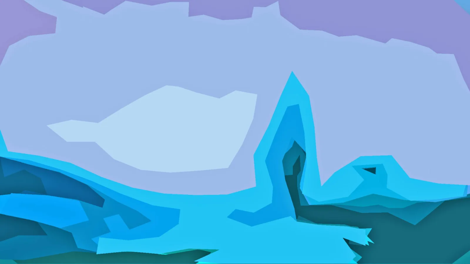 Abstrakte Komposition aus flachen blauen und türkisen Formen mit einer spitzen Erhebung in der Mitte und einer hellen wolkenartigen Fläche vor lavendelfarbenem Himmel.