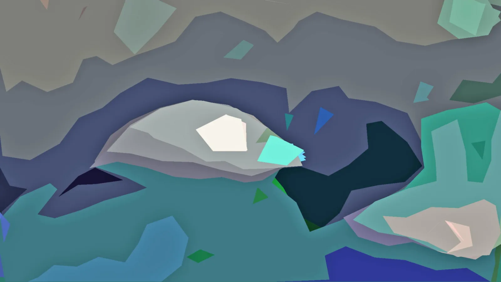 Abstrakte Komposition aus kantigen Flächen in Grau, Petrol und Blau, im Zentrum ein helles weißes Polygon mit mintfarbenem Akzent.
