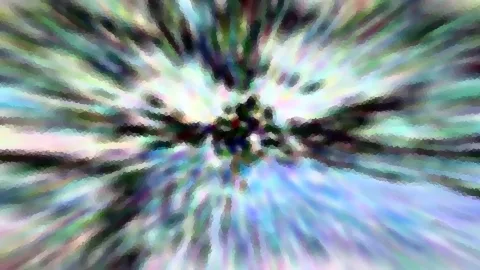 Abstraktes Bild mit radial von einem dunklen Zentrum nach außen laufenden Streifen in Grün, Blau, Weiß und Violett, die pixelig und verwischt wirken.