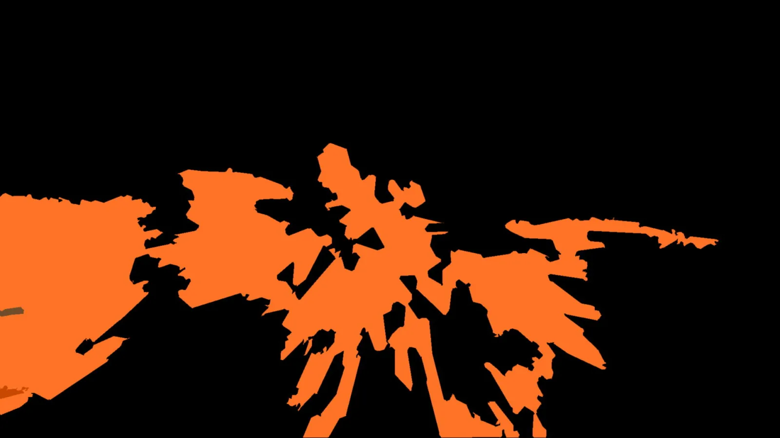 Orangefarbene, zackige Formen wachsen von unten in die Bildmitte auf schwarzem Hintergrund.
