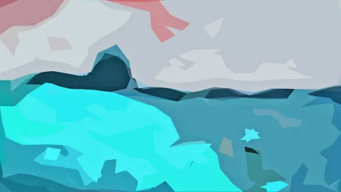 Abstrakte Landschaft aus flachen Polygonen: türkisfarbene Felsen und dunkle Klippen vor einem grauen Himmel, oben links ein roter Akzent.