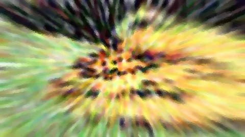 Abstraktes Bild mit radialem Zoomeffekt in Gelb, Grün und Schwarz, die Farbstreifen laufen von der Mitte nach außen.