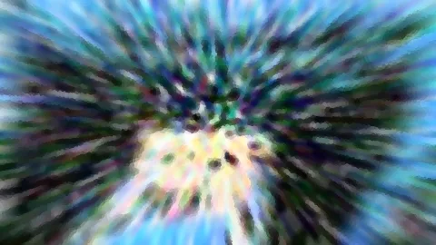 Abstraktes Bild mit radial nach außen laufenden Farbstreifen in Blau, Grün und Dunkelgrau, im Zentrum heller und gelblich.