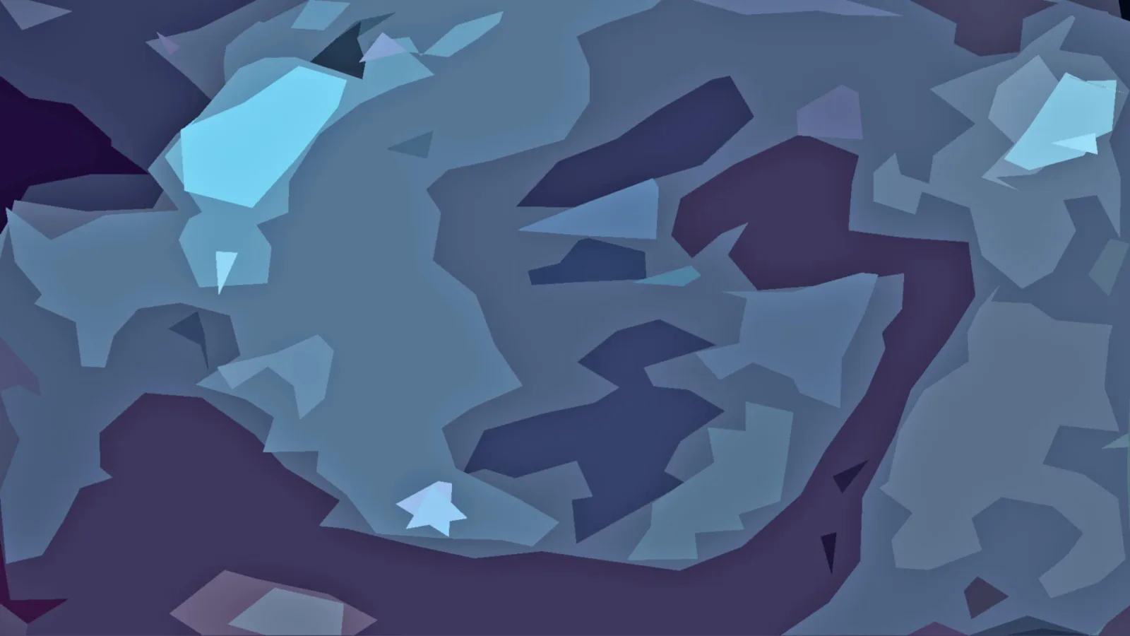 Abstraktes Bild aus unregelmäßigen, kantigen Flächen in Blau-, Grau- und Violetttönen, mit hellen türkisfarbenen Akzenten.