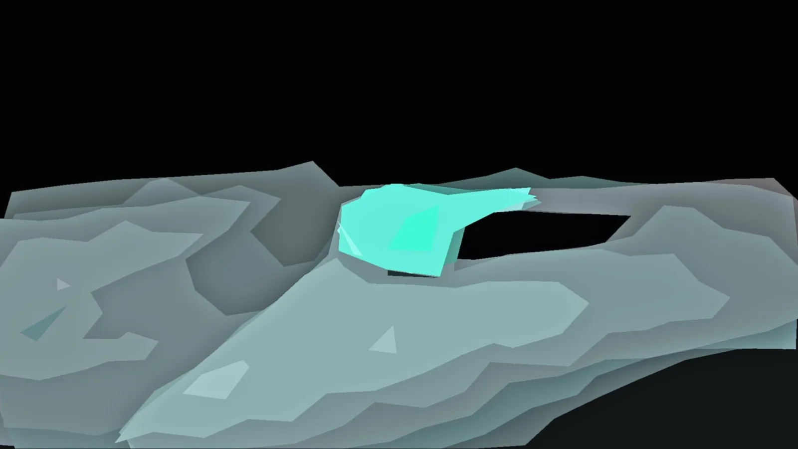 Abstrakte 3D-Landschaft aus grau-türkisen, facettierten Schichten auf schwarzem Grund, im Zentrum ein leuchtend türkiser Körper.