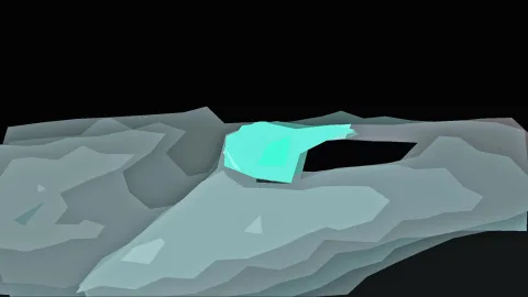 Abstrakte 3D-Landschaft aus grau-türkisen, facettierten Schichten auf schwarzem Grund, im Zentrum ein leuchtend türkiser Körper.