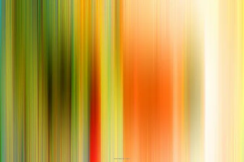 Abstrakte Komposition aus senkrechten, verwischten Streifen in Grün, Gelb, Orange und Rot, nach rechts hin heller werdend bis zu einem weißen Bereich.