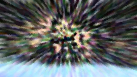 Abstrakte Komposition aus bunten Farbschlieren, die von einer dunklen Mitte radial nach außen laufen, unten hellblauer Verlauf.