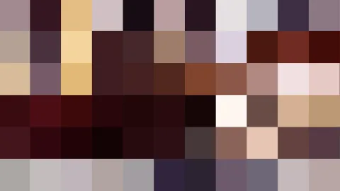 Mosaik aus quadratischen Pixelblöcken in Braun-, Rot- und Beigetönen mit einzelnen hellen und violetten Feldern