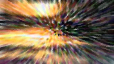 Abstraktes Bild mit radial von der Mitte ausstrahlenden Farbschlieren in Orange, Gelb, Grün und Violett, im Zentrum dunkle Punkte.