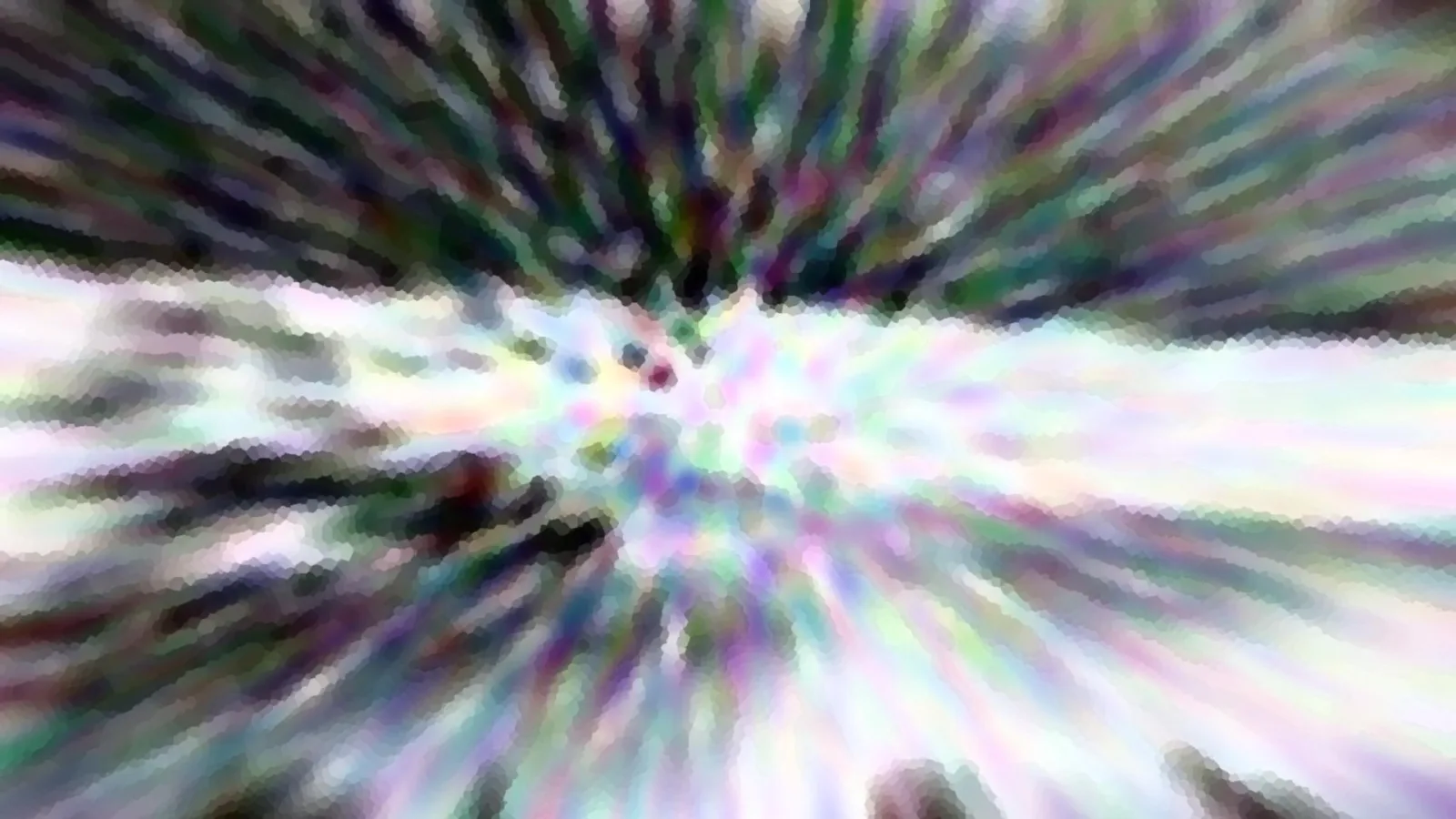 Abstrakte Komposition aus radial verlaufenden, pastellfarbenen Schlieren mit pixeligem Mosaikmuster und hellem Zentrum