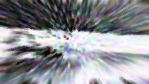 Abstrakte Komposition aus radial verlaufenden, pastellfarbenen Schlieren mit pixeligem Mosaikmuster und hellem Zentrum