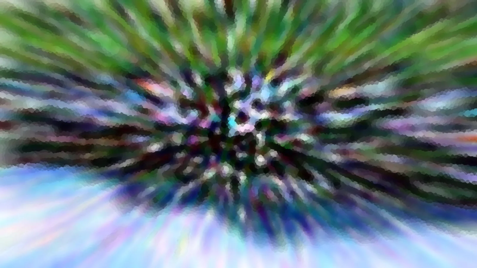 Abstrakte Komposition aus grünen und blauen Farbstreifen, die radial von einem hellen, mosaikartig gepixelten Zentrum ausstrahlen.