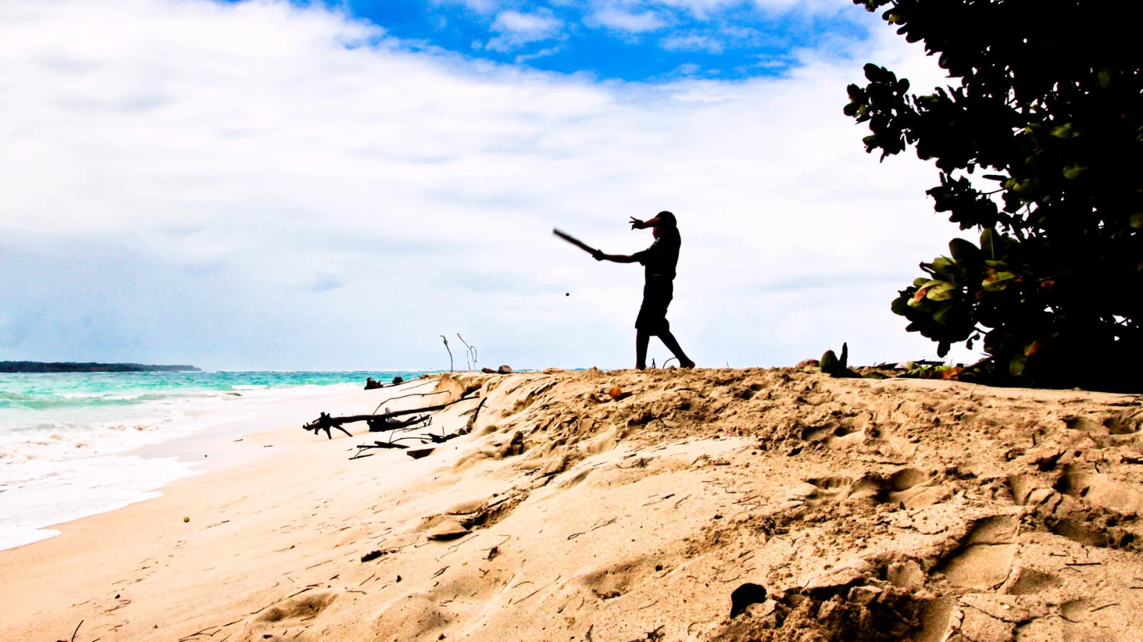 Eine Person mit einem langen Stock steht auf einer Sanddüne am Strand, links liegt angeschwemmtes Treibholz und das türkisfarbene Meer reicht bis zum Horizont.