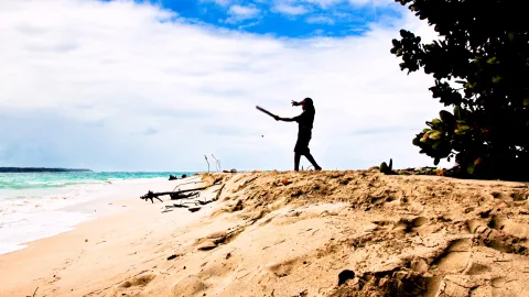 Eine Person mit einem langen Stock steht auf einer Sanddüne am Strand, links liegt angeschwemmtes Treibholz und das türkisfarbene Meer reicht bis zum Horizont.