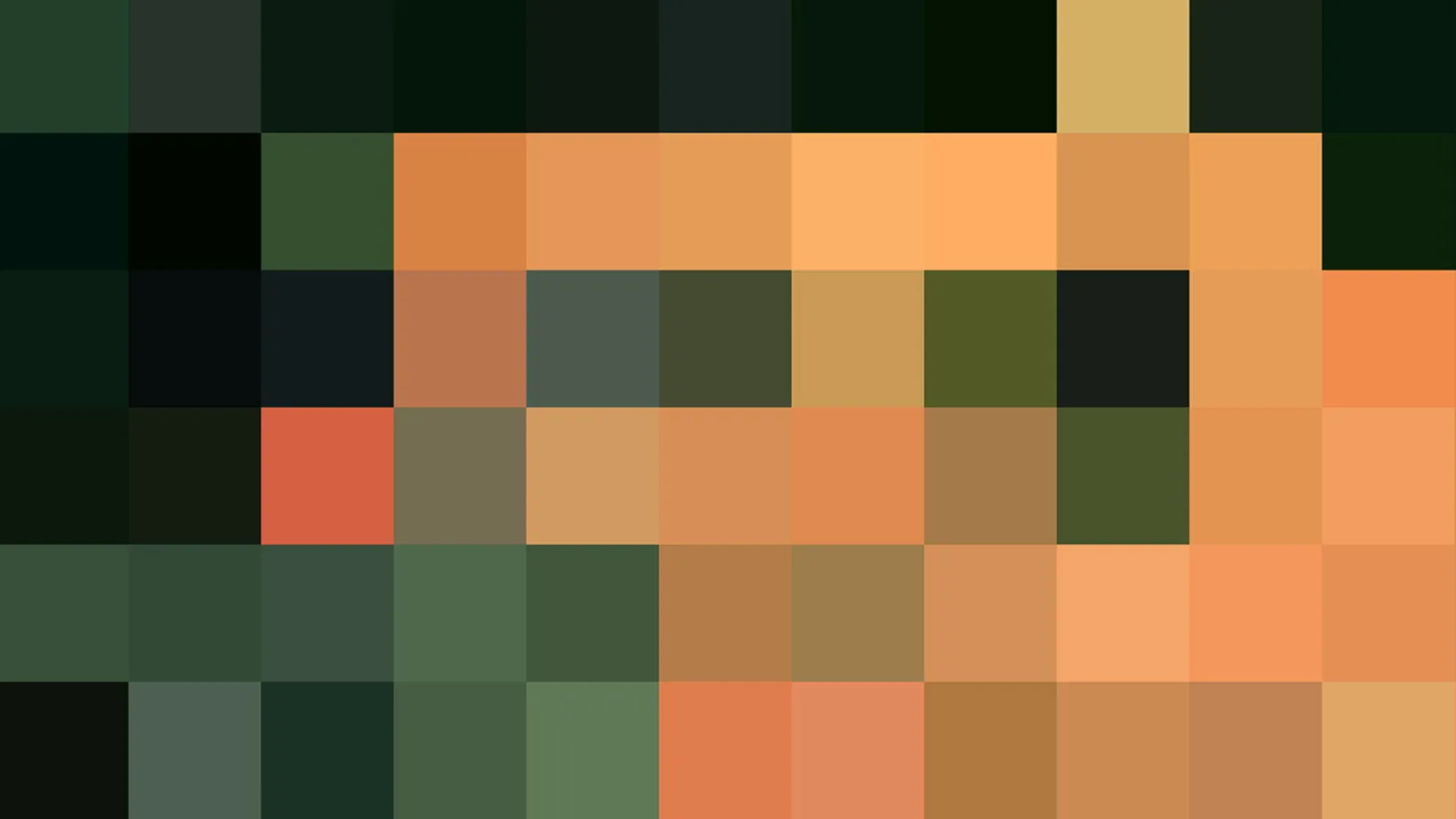 Pixelmosaik aus 11 mal 6 Farbfeldern: dunkle Grüntöne links und oben, warmes Orange und helles Ocker in der Mitte und rechts.