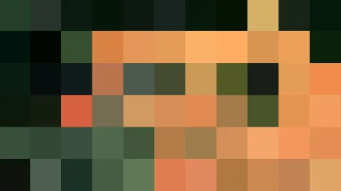 Pixelmosaik aus 11 mal 6 Farbfeldern: dunkle Grüntöne links und oben, warmes Orange und helles Ocker in der Mitte und rechts.