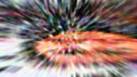 Abstraktes Bild mit radial von einem Zentrum ausgehenden Streifen in Grün, Lila, Weiß und Orange, im Zentrum eine warme, orangerote Fläche mit pixeliger Struktur.
