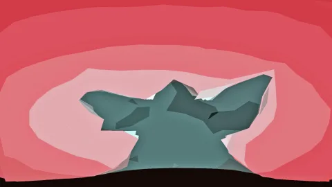 Blaugraue, facettierte Tierform mit spitzen Ohren vor konzentrischen roten Flächen und einem dunklen Boden.