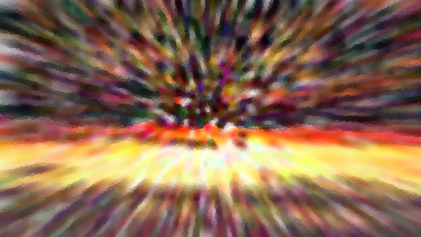 Abstrakte Komposition aus bunten Streifen, die von der Bildmitte radial nach außen laufen, mit leuchtend gelbem und orangefarbenem Glanz am unteren Bildbereich.