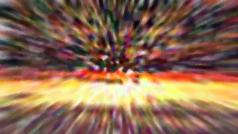 Abstrakte Komposition aus bunten Streifen, die von der Bildmitte radial nach außen laufen, mit leuchtend gelbem und orangefarbenem Glanz am unteren Bildbereich.