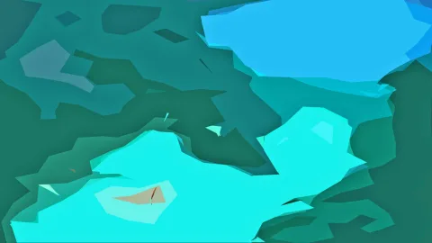 Abstrakte Komposition aus flächigen türkisen und cyanfarbenen Polygonen vor dunklerem Grün.