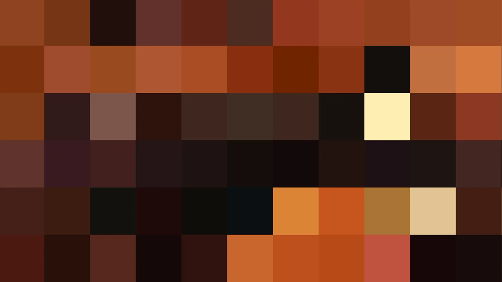 Abstraktes Mosaik aus rechteckigen Farbfeldern in Braun, Orange, Rostrot und Schwarz, mit einzelnen hellen Beige- und Gelbtönen.