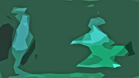 Abstrakte Komposition aus türkisfarbenen und grünen Polygonformen auf dunkelgrünem Hintergrund, links eine schmale helle Form, rechts eine verzweigte Gruppe.
