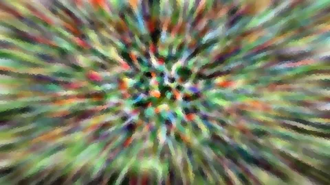 Abstrakte Komposition aus bunten Streifen in Grün, Rot, Orange und Blau, die radial von einem dunkleren Zentrum nach außen laufen, grob gepixelt.