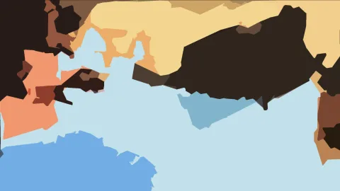 Abstrakte Komposition aus flächigen Farbformen: helles Hellblau in der Mitte und unten, dunkles Braun und Schwarz oben und links, dazu Orange, Beige und ein blauer Bereich unten links.