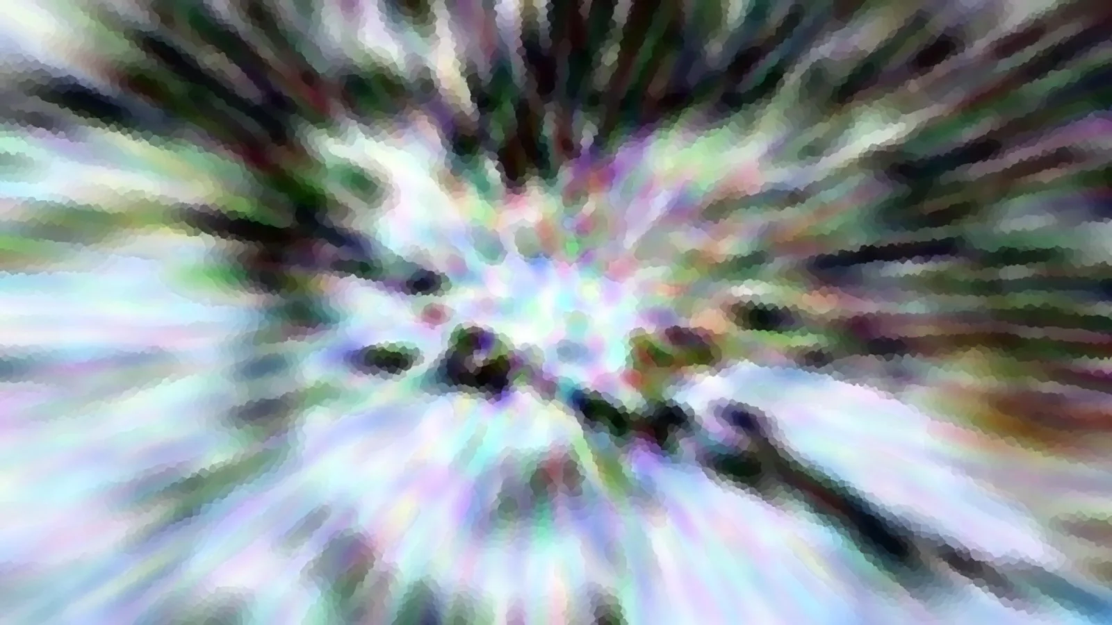Abstraktes Bild mit radial auseinanderlaufenden, pastellfarbenen Streifen und dunklen Flecken im Zentrum