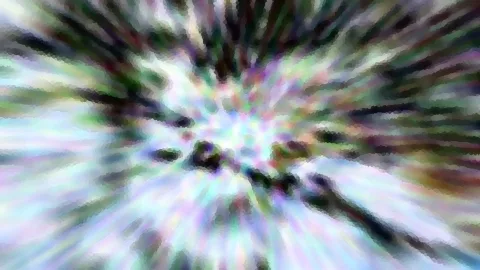 Abstraktes Bild mit radial auseinanderlaufenden, pastellfarbenen Streifen und dunklen Flecken im Zentrum