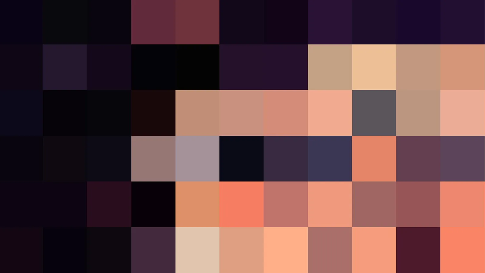 Pixelmosaik aus dunklen Violett- und warmen Pfirsich- sowie Terrakottatönen in sechs Zeilen und elf Spalten.