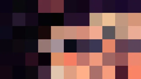Pixelmosaik aus dunklen Violett- und warmen Pfirsich- sowie Terrakottatönen in sechs Zeilen und elf Spalten.