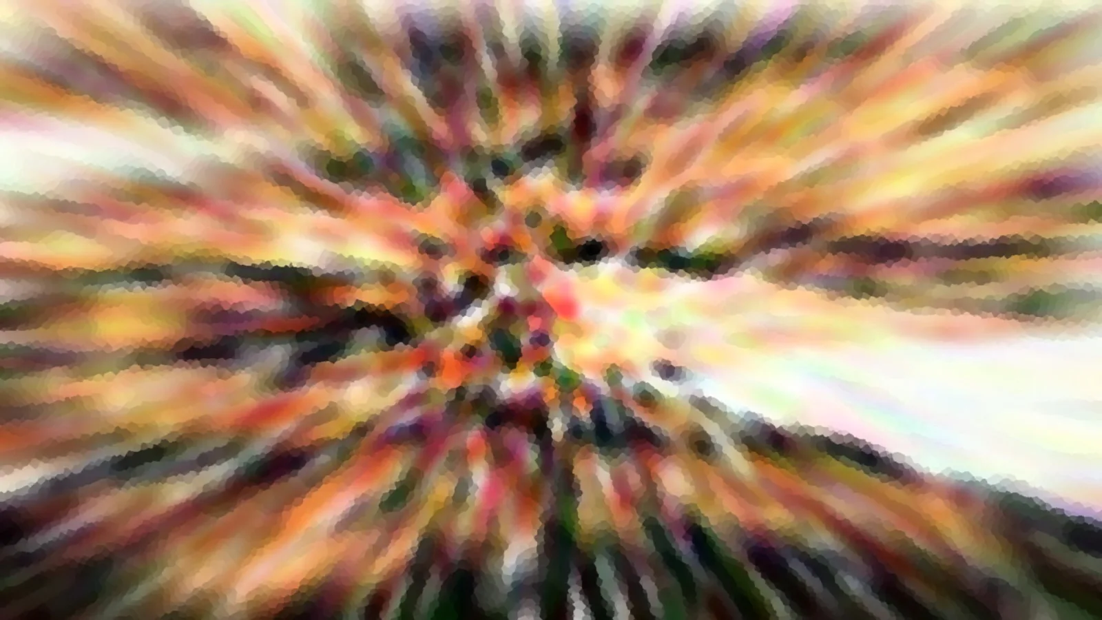 Abstrakte Komposition aus radial verlaufenden, verwischten Streifen in Orange, Gelb, Grün und Violett mit mosaikartiger Struktur.