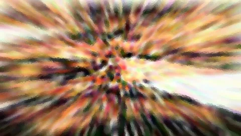 Abstrakte Komposition aus radial verlaufenden, verwischten Streifen in Orange, Gelb, Grün und Violett mit mosaikartiger Struktur.
