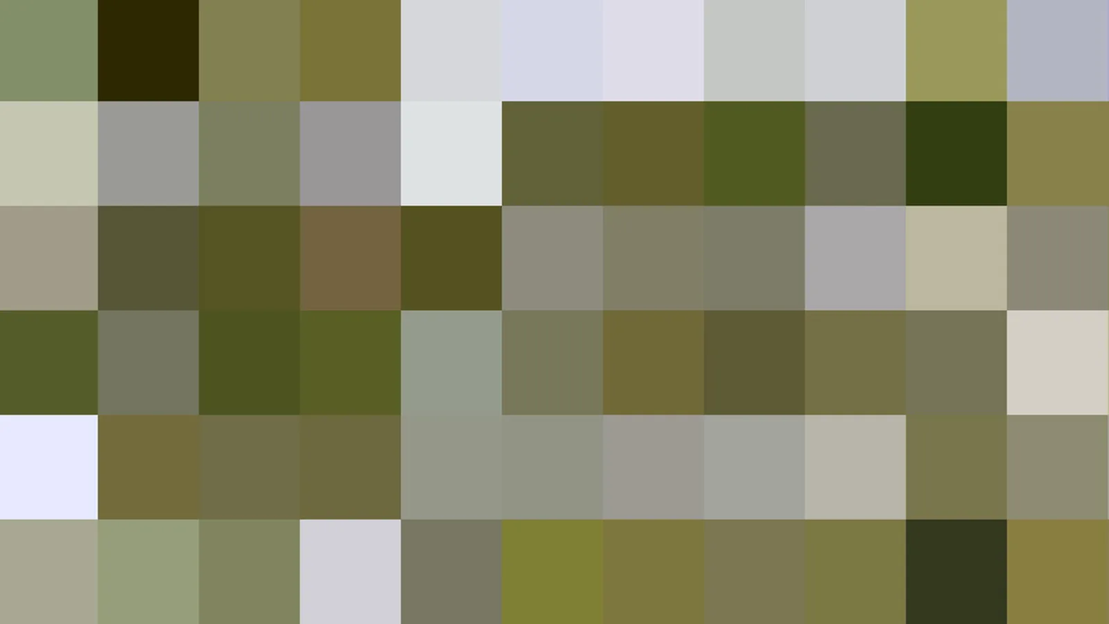 Abstraktes Mosaik aus quadratischen Pixelblöcken in Oliv-, Grün-, Grau- und Beigetönen, dazwischen vereinzelt helle und dunkle Felder.