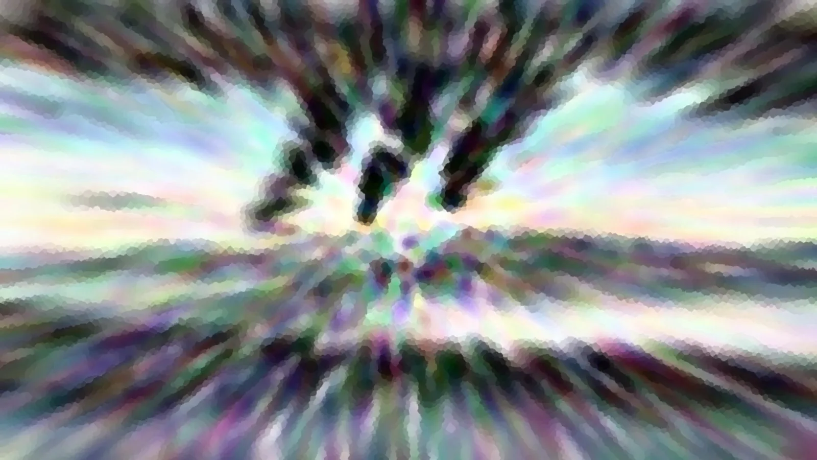 Abstrakte Komposition mit radialen Schlieren in Pastelltönen, dunkle Formen oben in der Mitte, zum Horizont hin verschwommen.
