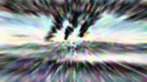 Abstrakte Komposition mit radialen Schlieren in Pastelltönen, dunkle Formen oben in der Mitte, zum Horizont hin verschwommen.